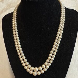 Vintage Faux Pearls Graduated Double Strands with Silver Tone Clasp Necklace